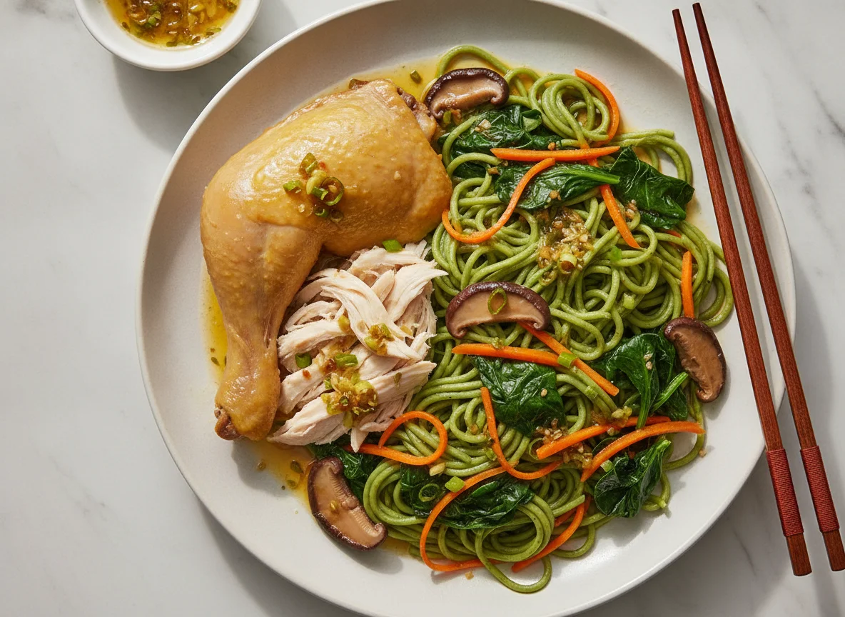 Cantonese Style Poached Chicken with Spinach Noodles photo