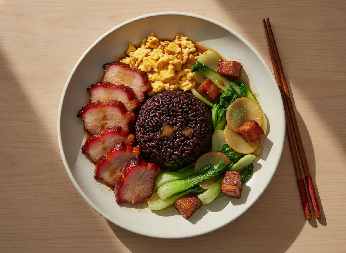 Cantonese Style Roasted Pork with Black Rice and Vegetables photo