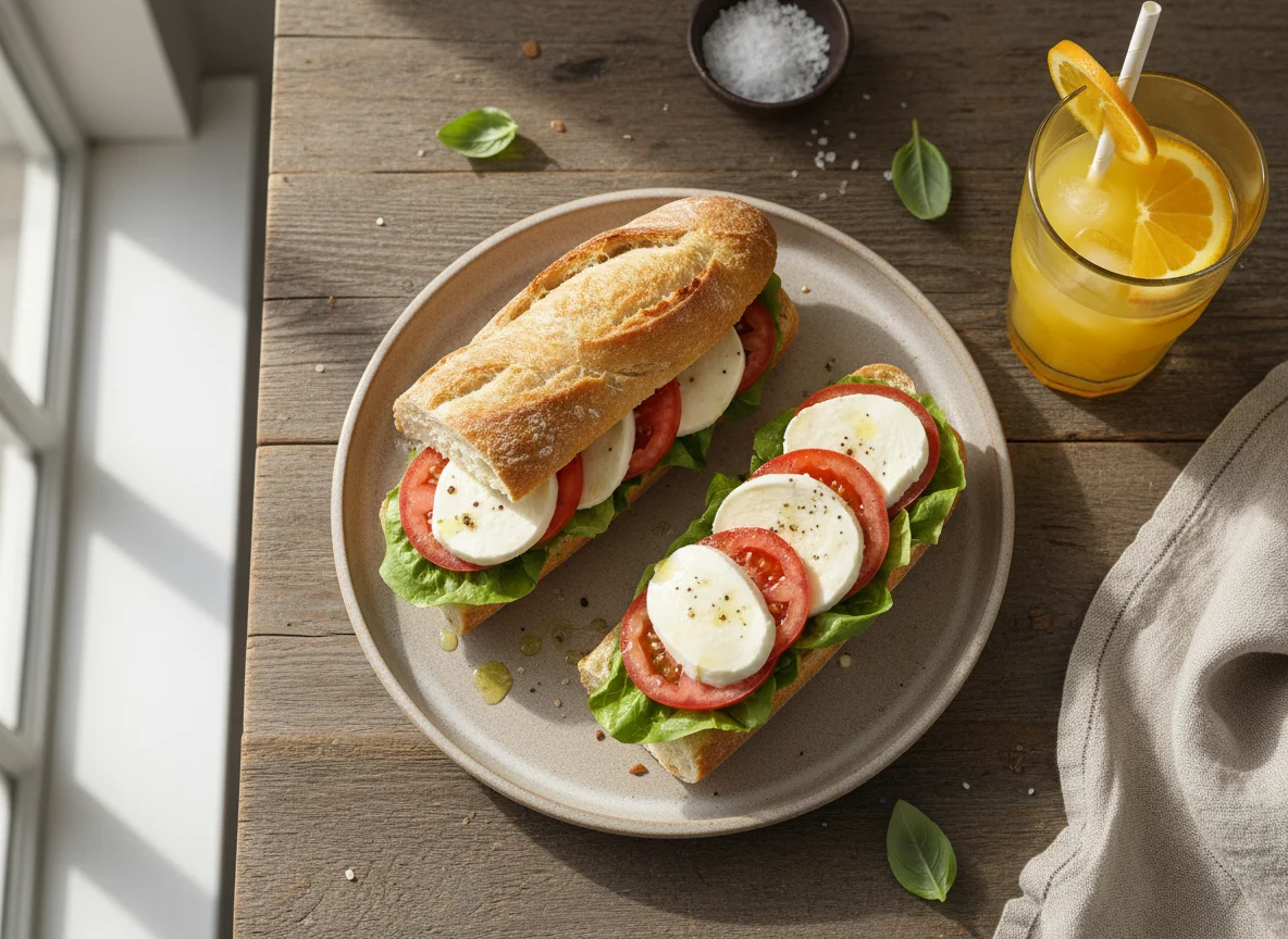Caprese-style Baguette Sandwich with Orange Juice photo