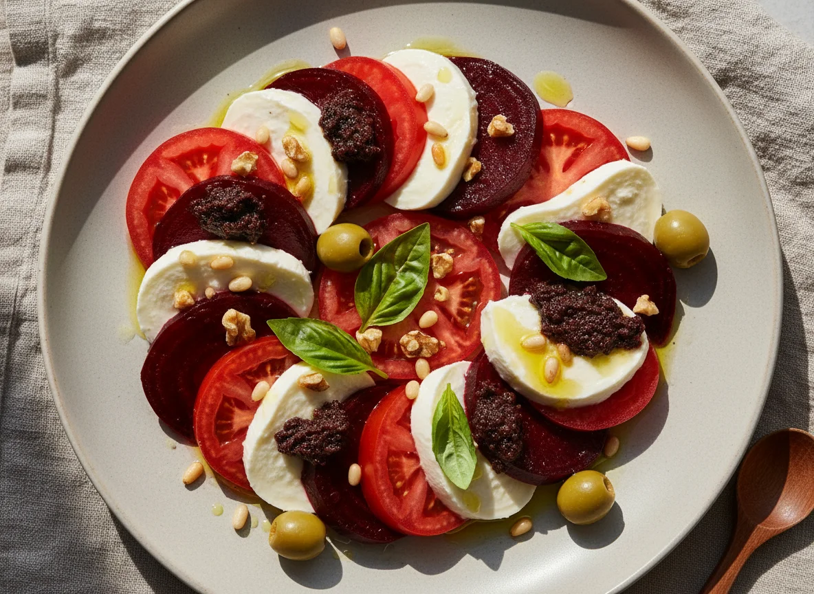 Caprese-style salad with beetroot and nuts photo