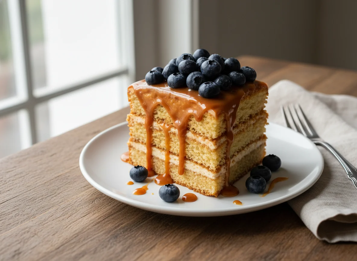Caramel Cake Slice with Blueberry photo