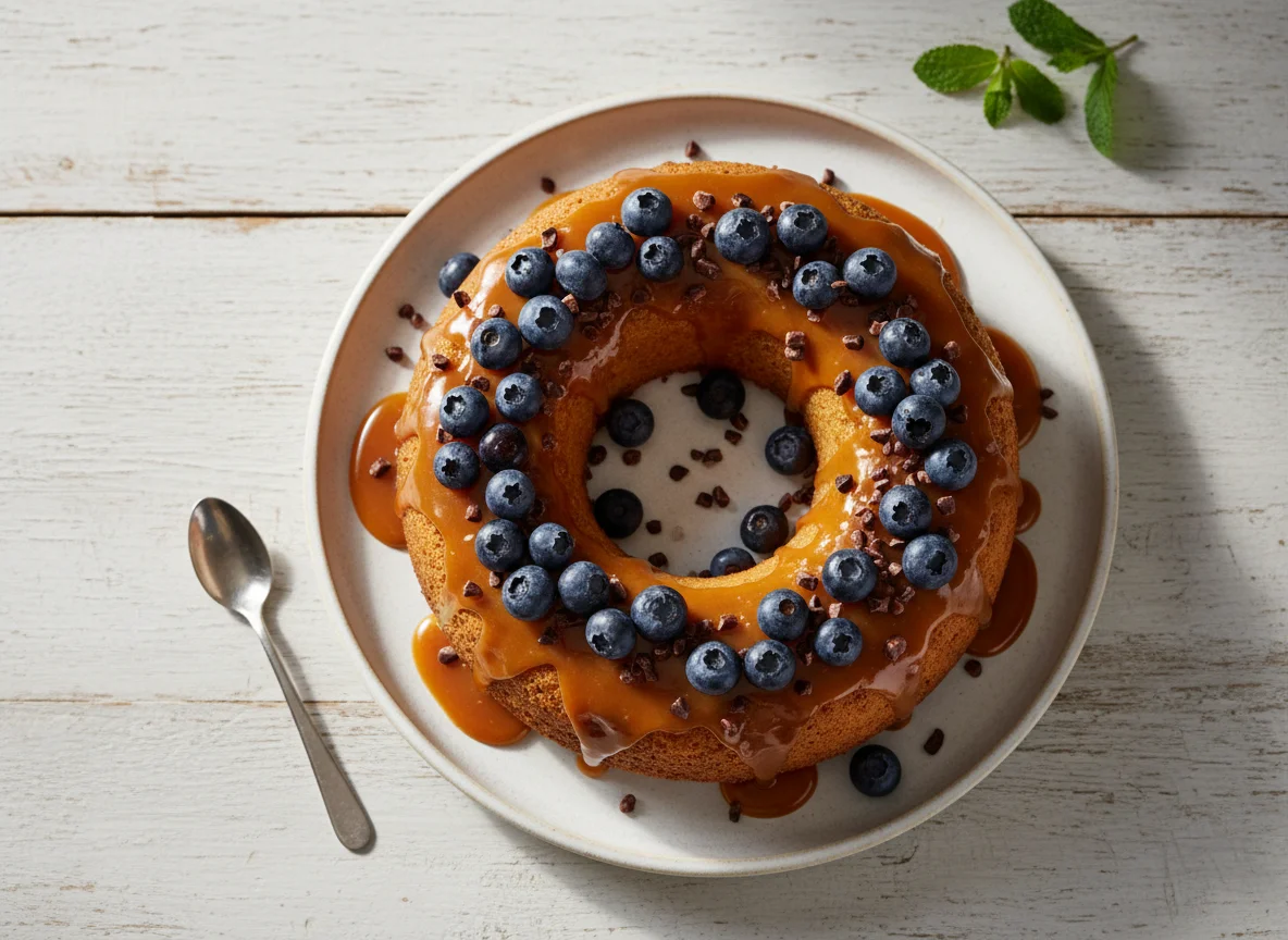 Caramel Glazed Dessert with Blueberry and Cacao Nibs photo