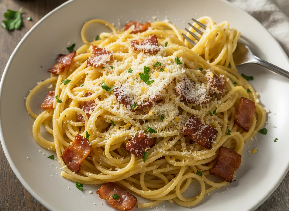 Carbonara Pasta with Bacon and Cheese photo