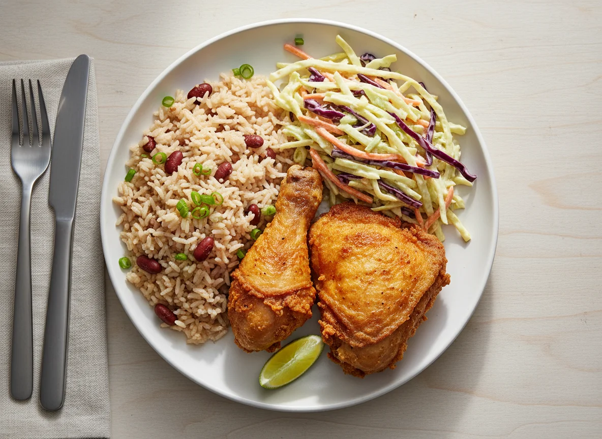 Caribbean style meal with rice and peas, fried chicken, and coleslaw photo