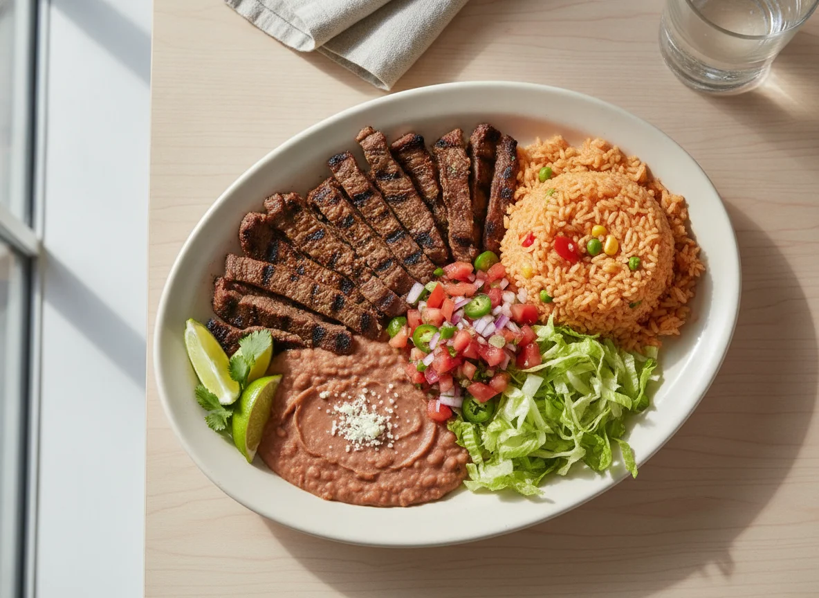 Carne Asada Platter with Rice and Beans photo