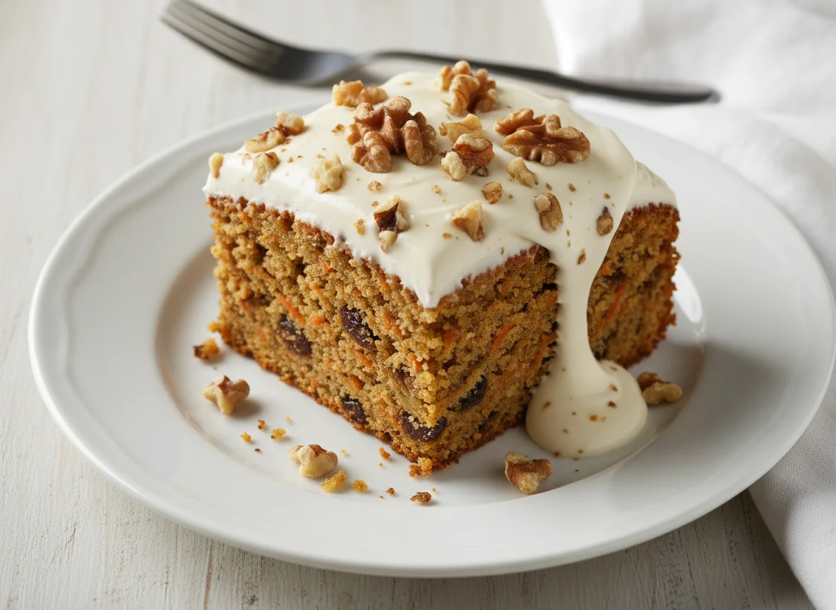 Carrot Cake Slice with Cream Cheese Frosting and Walnuts photo