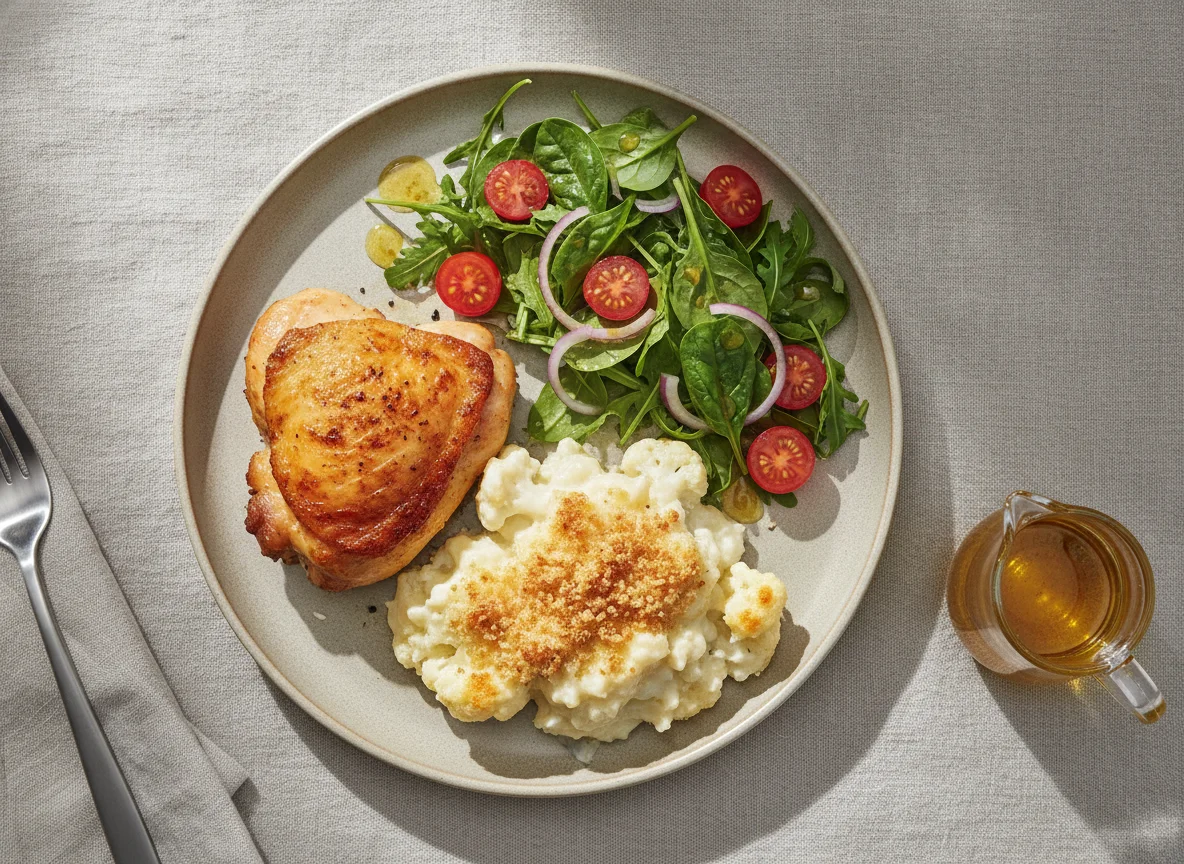 Cauliflower Cheese with Roasted Chicken and Side Salad photo