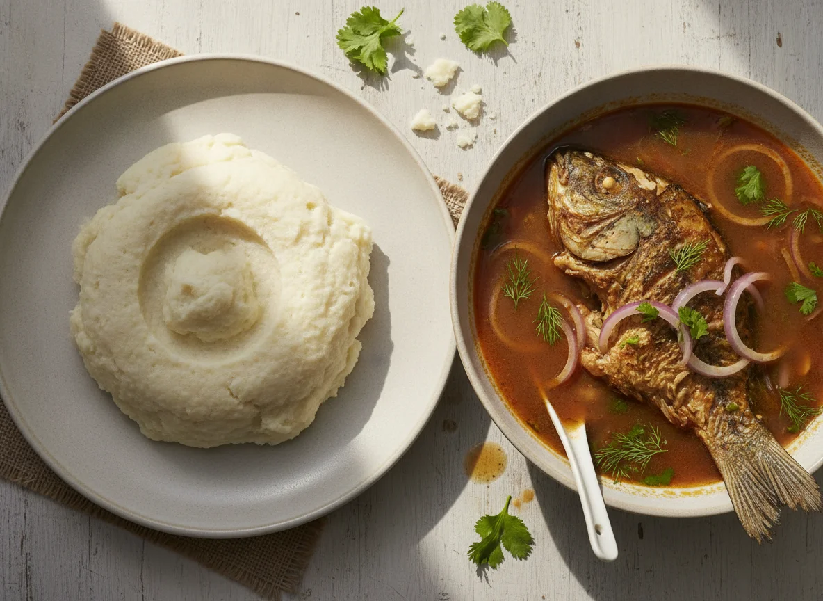 Cauliflower fufu with fish soup photo