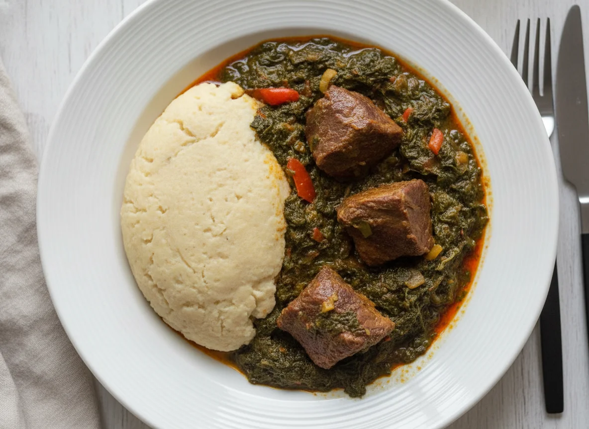 Cauliflower fufu with meat and spinach stew photo