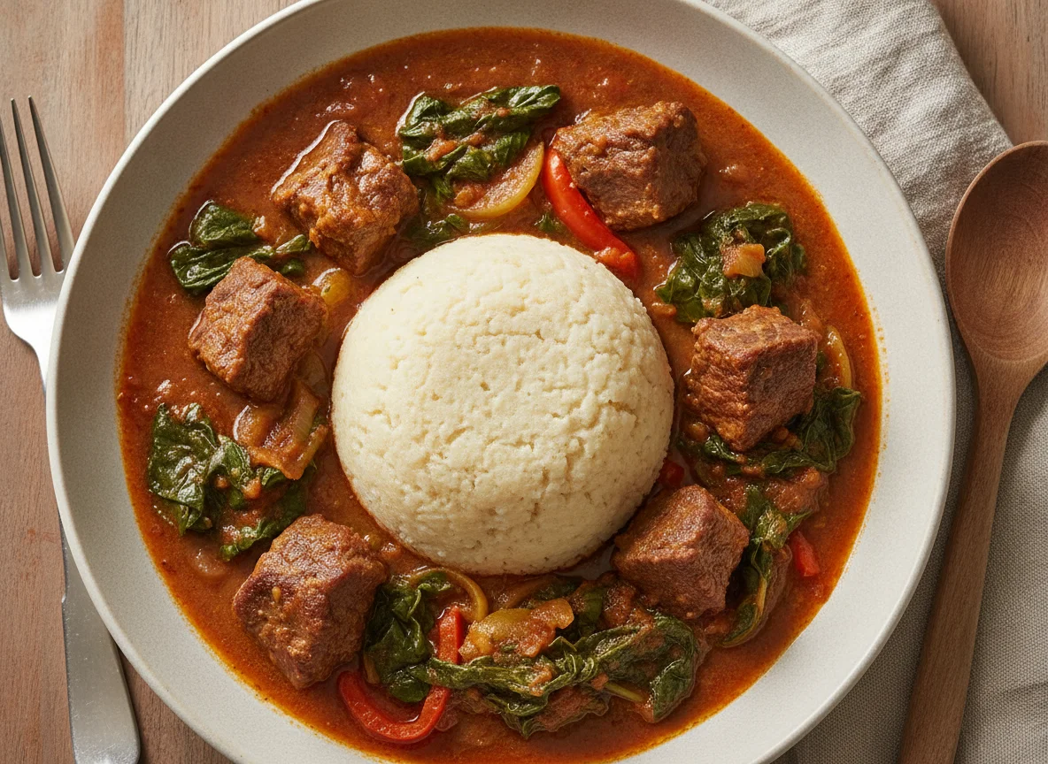 Cauliflower fufu with meat and vegetable stew photo