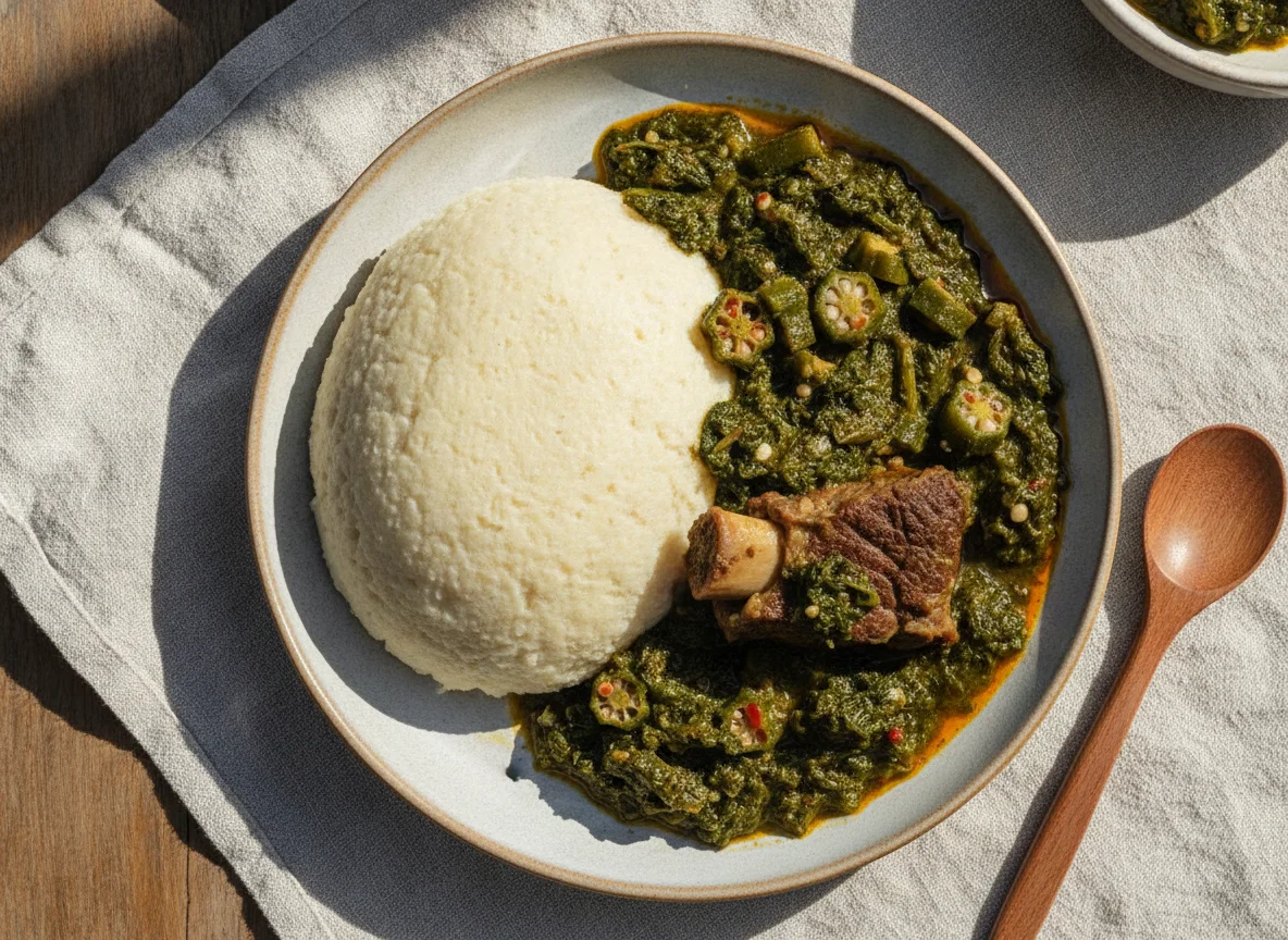 Cauliflower fufu with okra and spinach stew photo