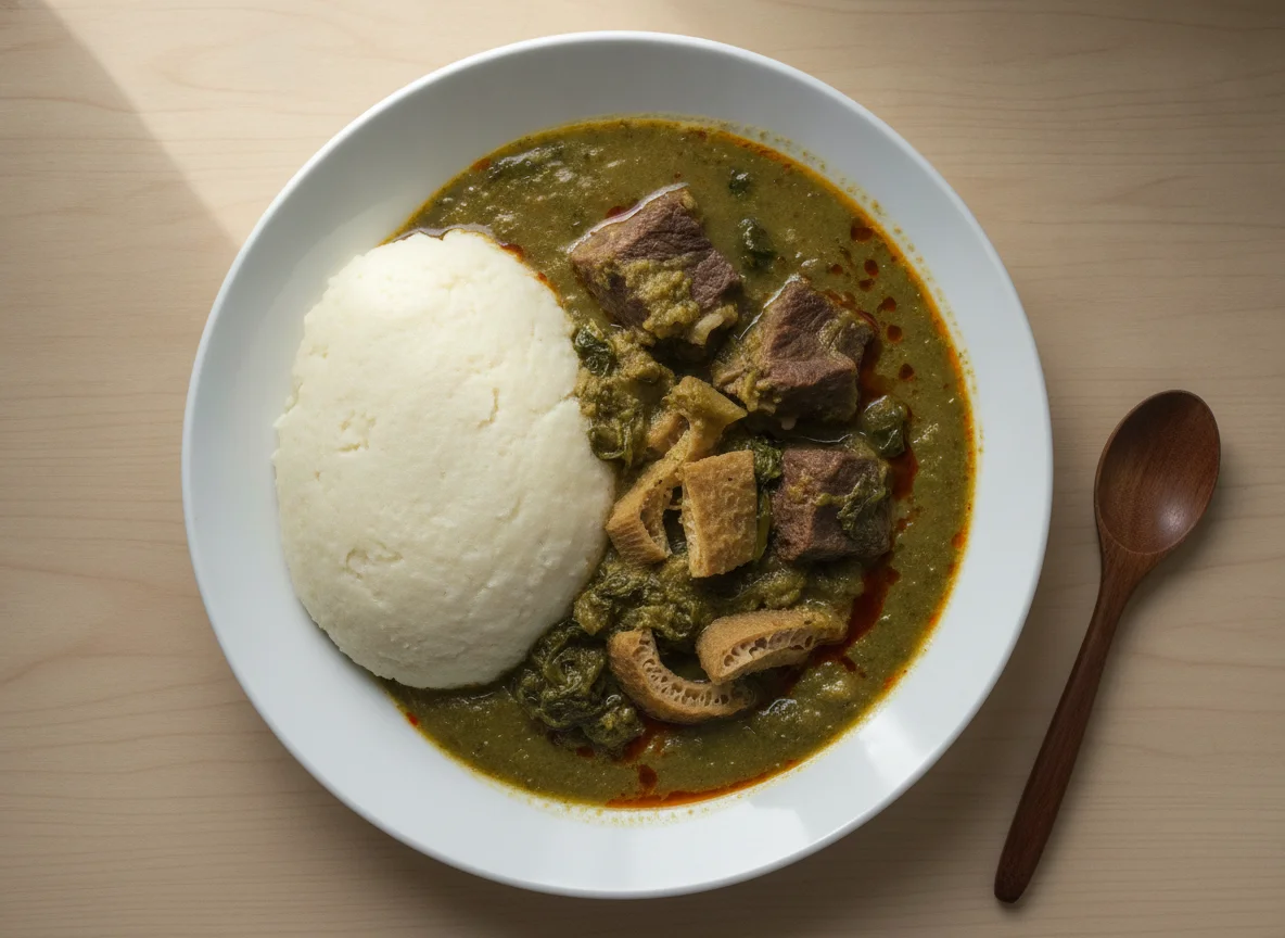Cauliflower fufu with okra soup and meat photo