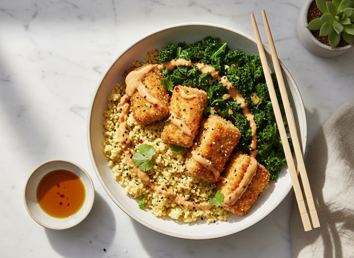Cauliflower Rice Bowl with Breaded Protein and Greens photo