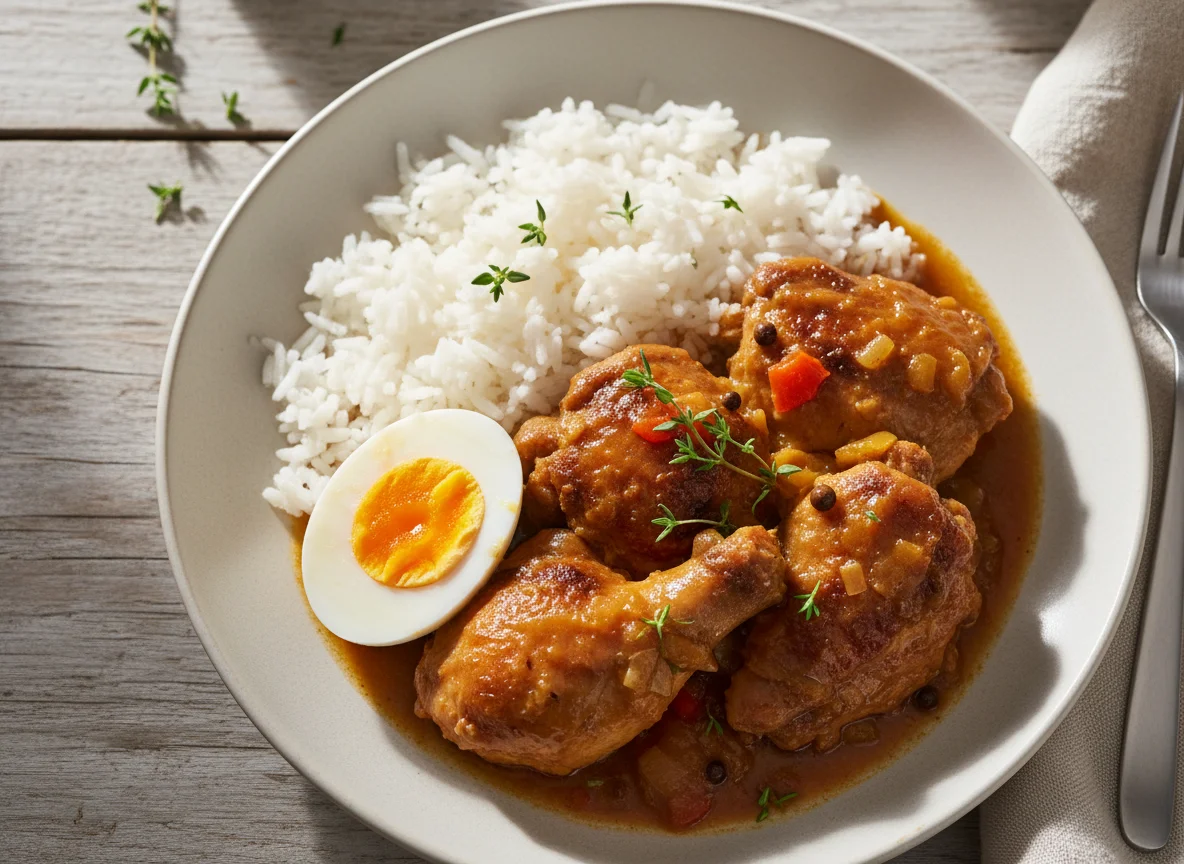 Cayman Style Brown Stew Chicken with White Rice and Boiled Egg photo