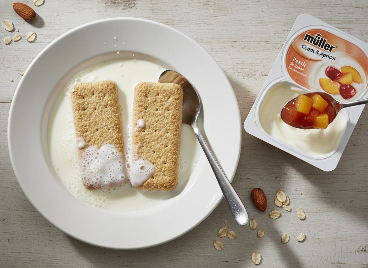 Cereal biscuit with milk and yogurt photo