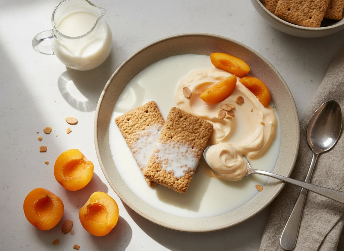 Cereal biscuits with milk and peach & apricot yogurt photo