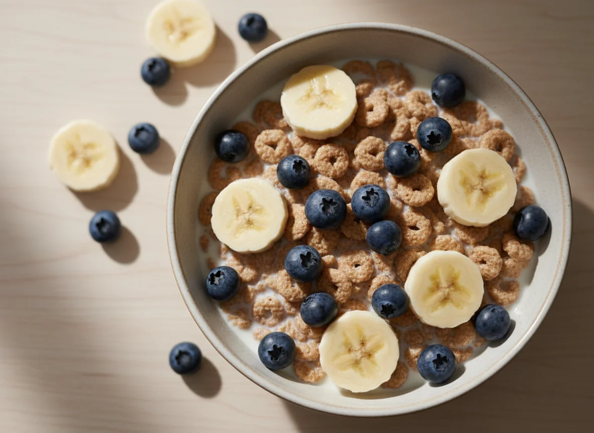 Cereal with Banana, Blueberries, and Milk photo