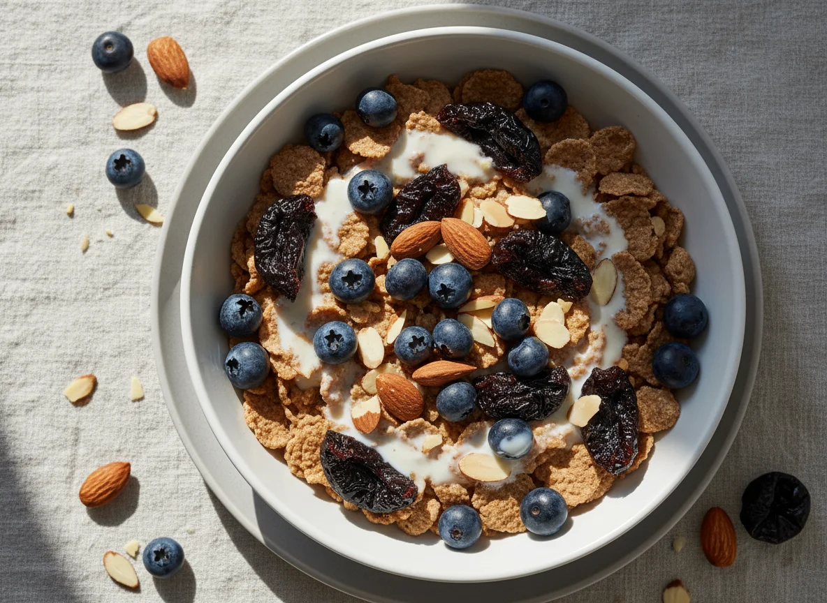 Cereal with Blueberries, Prunes and Almond Milk photo
