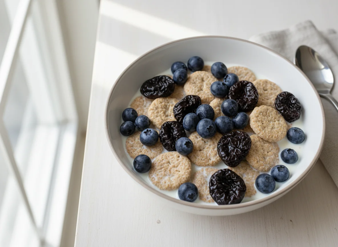Cereal with Blueberries, Prunes and Milk photo