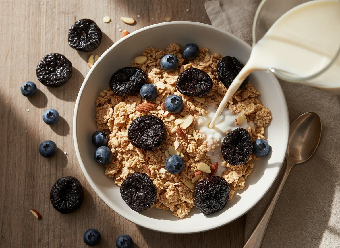 Cereal with Dried Prunes, Blueberries and Almond Milk photo