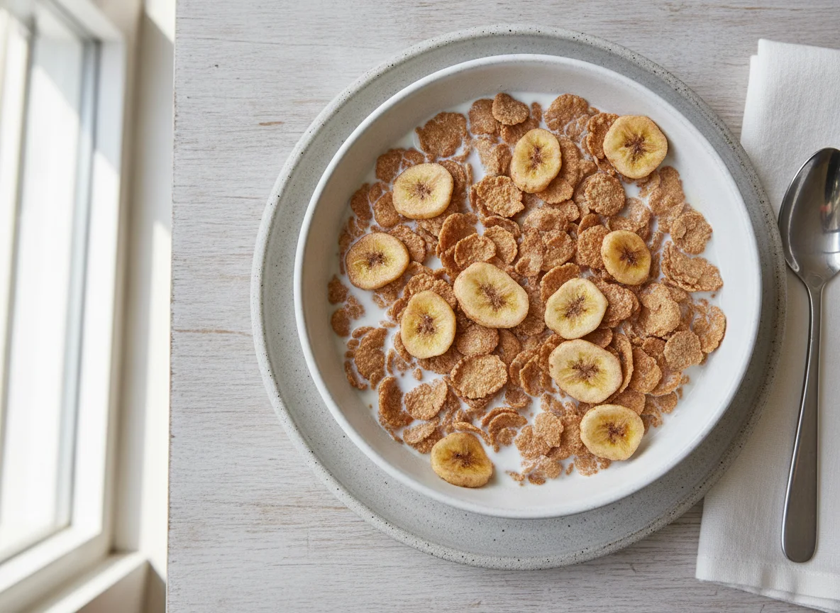 Cereal with milk and banana chips photo
