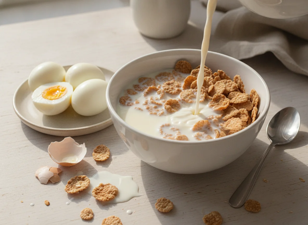 Cereal with milk and boiled eggs photo