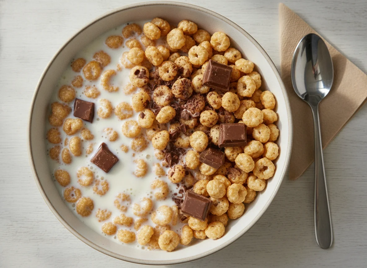 Cereal with milk and chocolate pieces photo