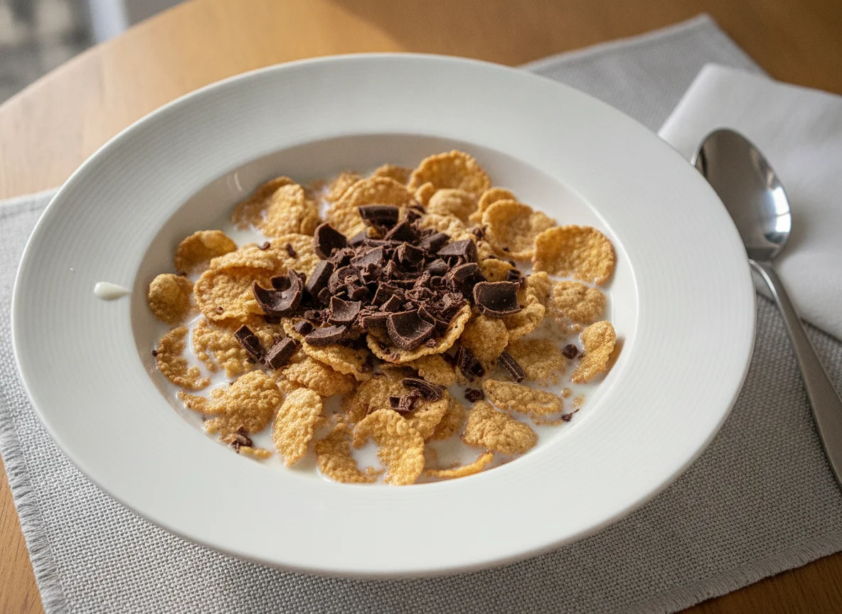Cereal with milk and chocolate shavings photo