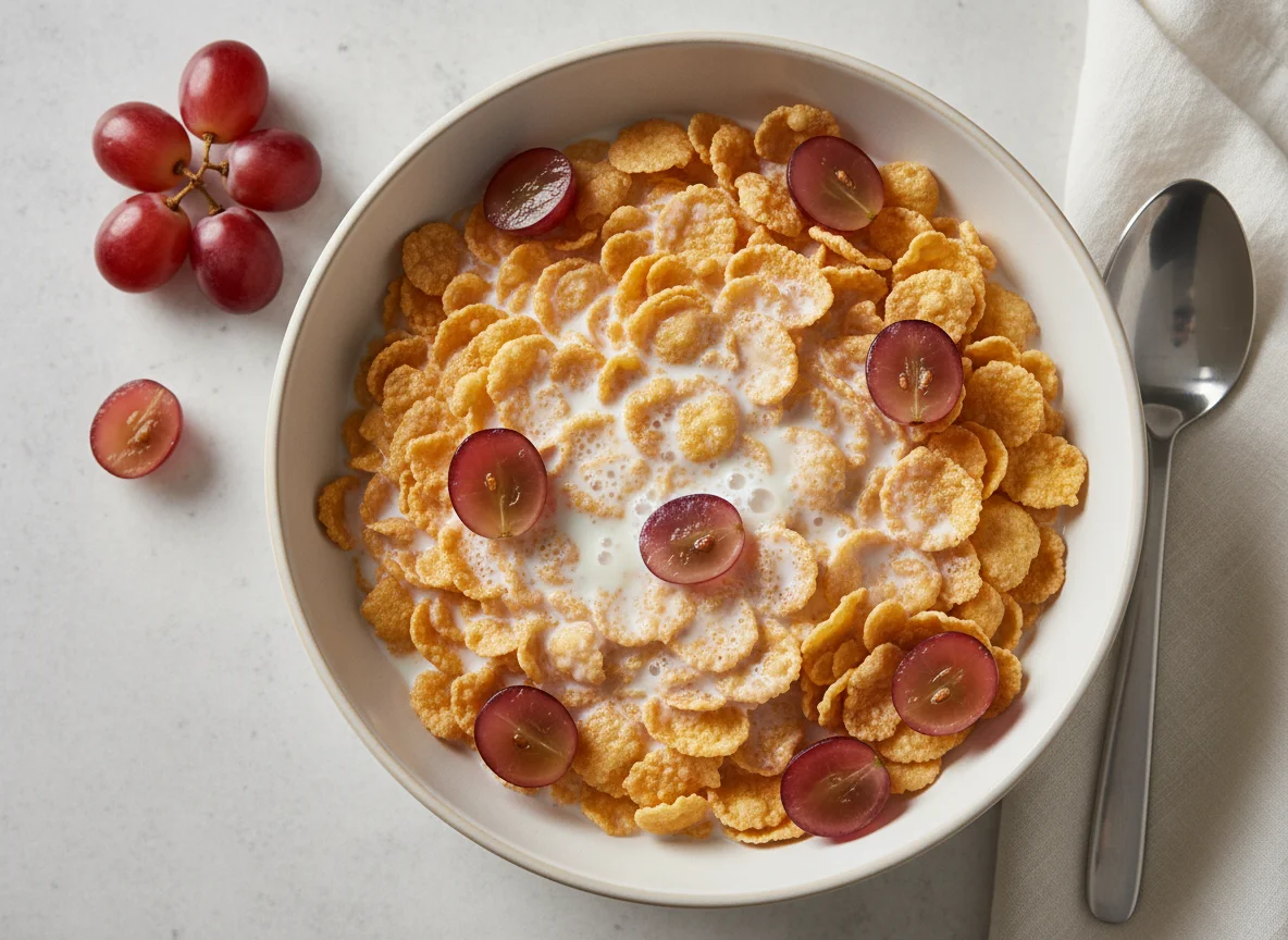 Cereal with Milk and Grapes photo