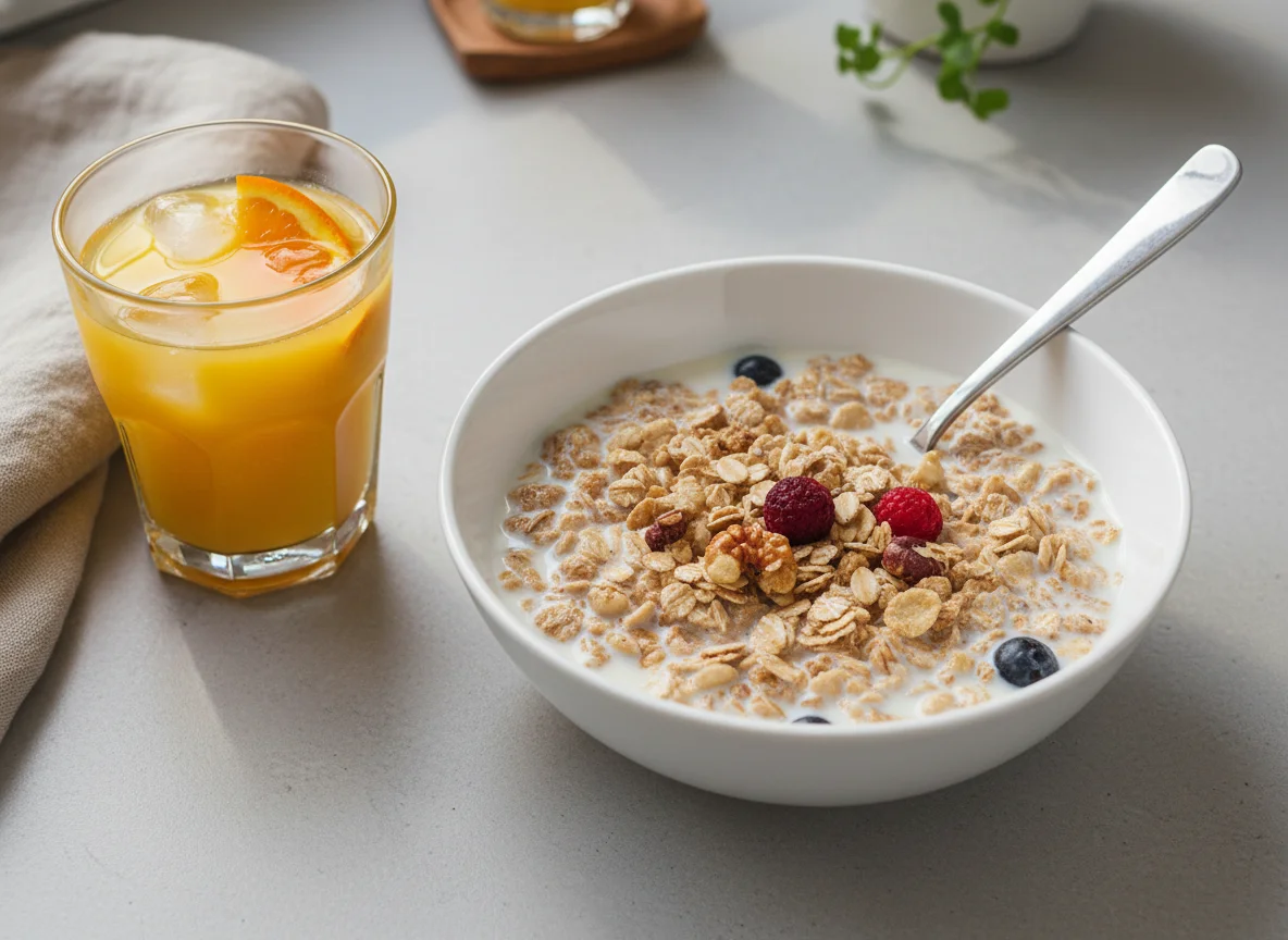 Cereal with Milk and Orange Juice photo