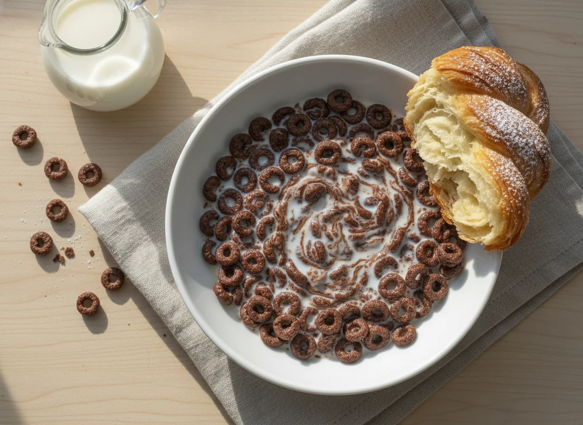 Cereal with milk and pastry photo