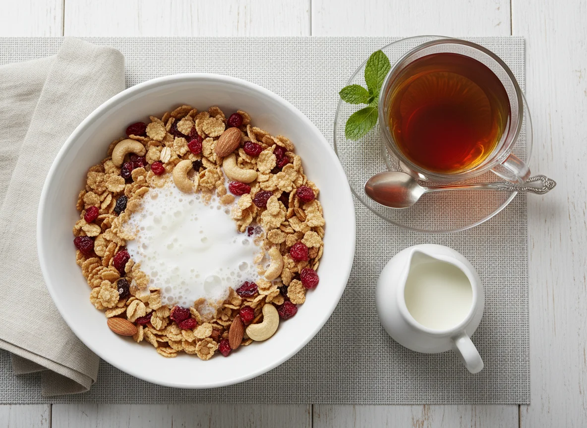 Cereal with Milk and Tea photo