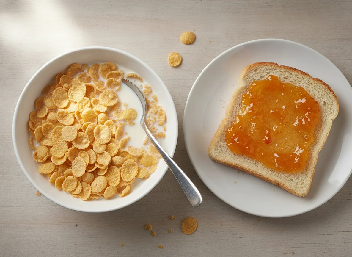 Cereal with milk and toast with apricot jam photo