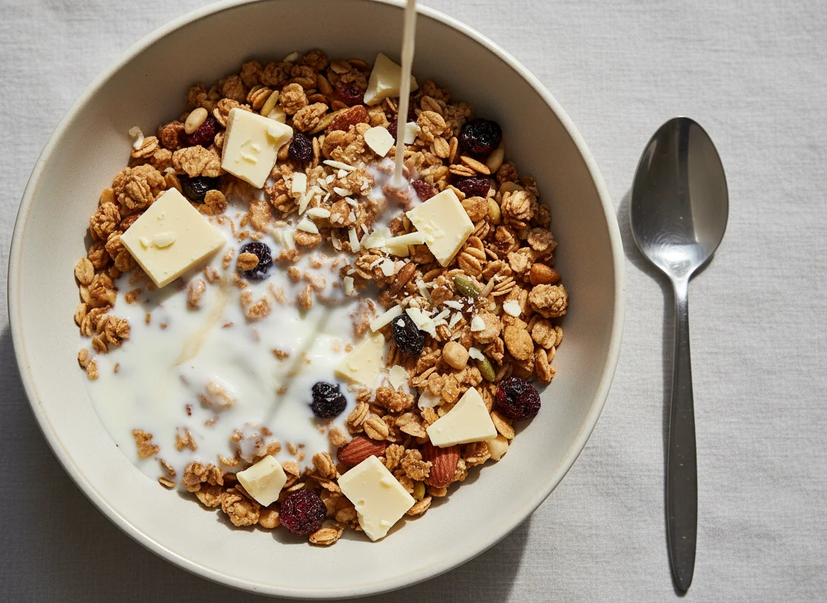 Cereal with milk and white chocolate photo