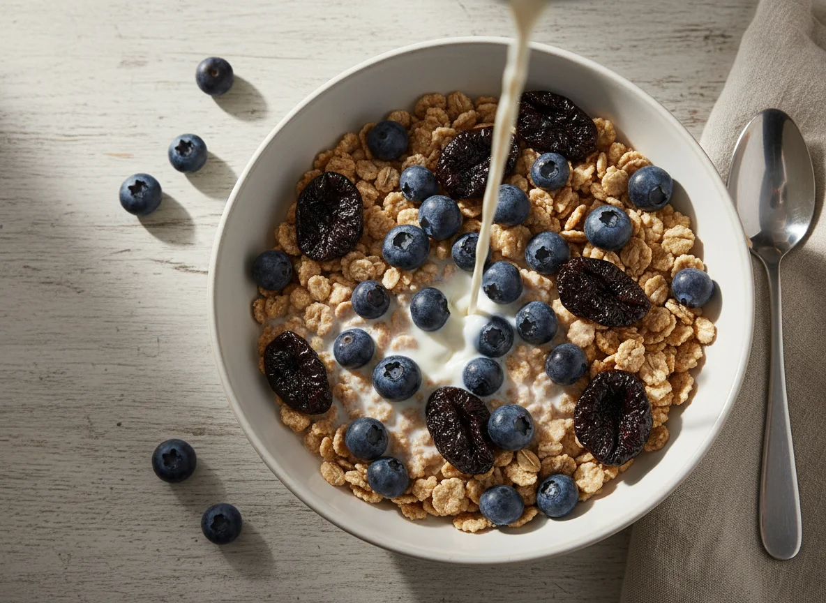 Cereal with Milk, Blueberries and Dried Plums photo