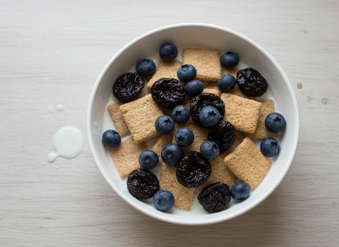 Cereal with Milk, Blueberries and Prunes photo