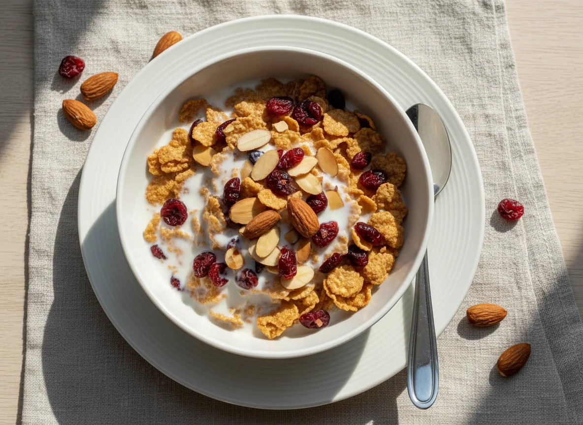 Cereal with Milk, Cranberries, and Almonds photo
