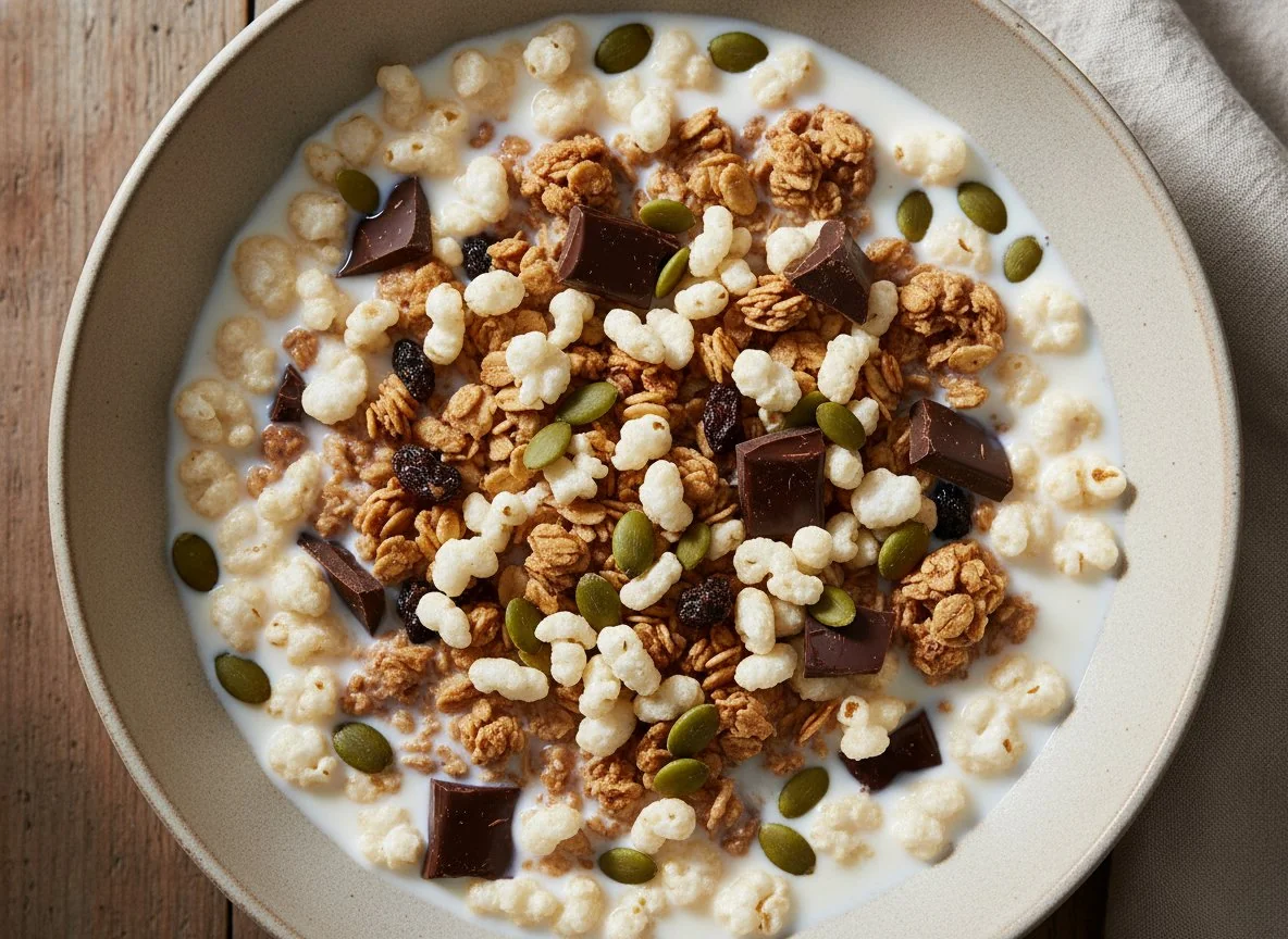 Cereal with Milk, Granola, Puffed Rice, Pumpkin Seeds, and Chocolate photo