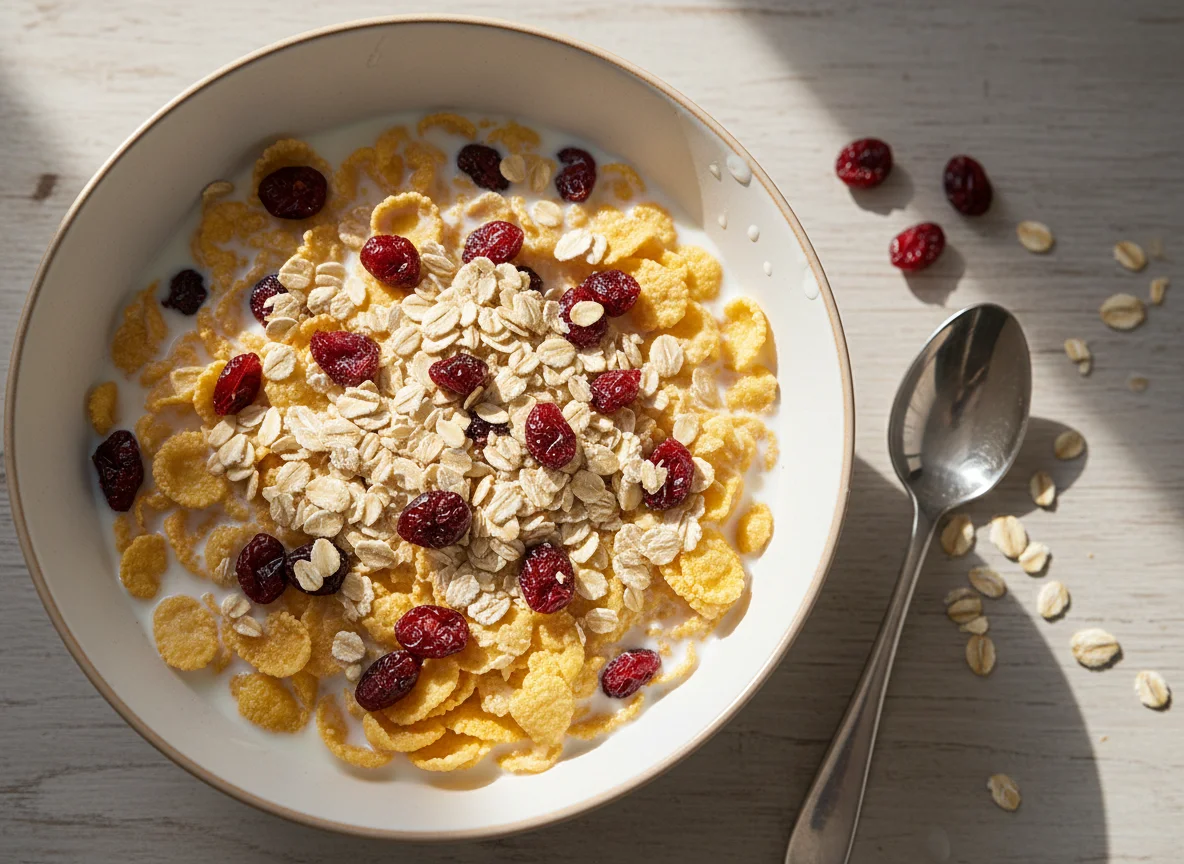 Cereal with milk, oats, and dried cranberries photo