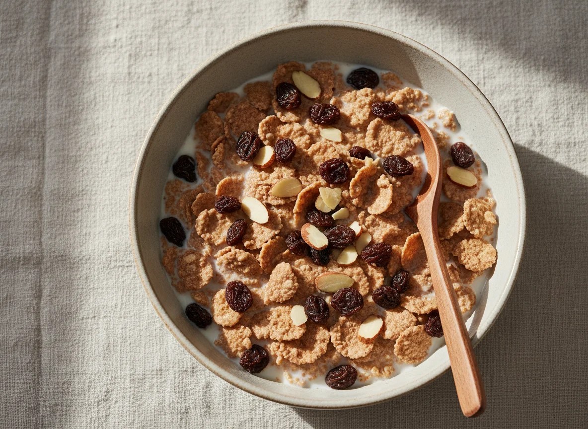 Cereal with Milk, Raisins, and Almonds photo