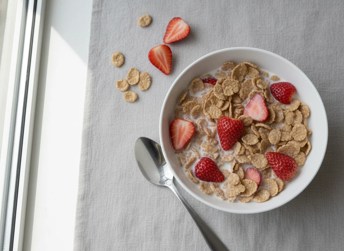Cereal with Strawberries and Milk photo