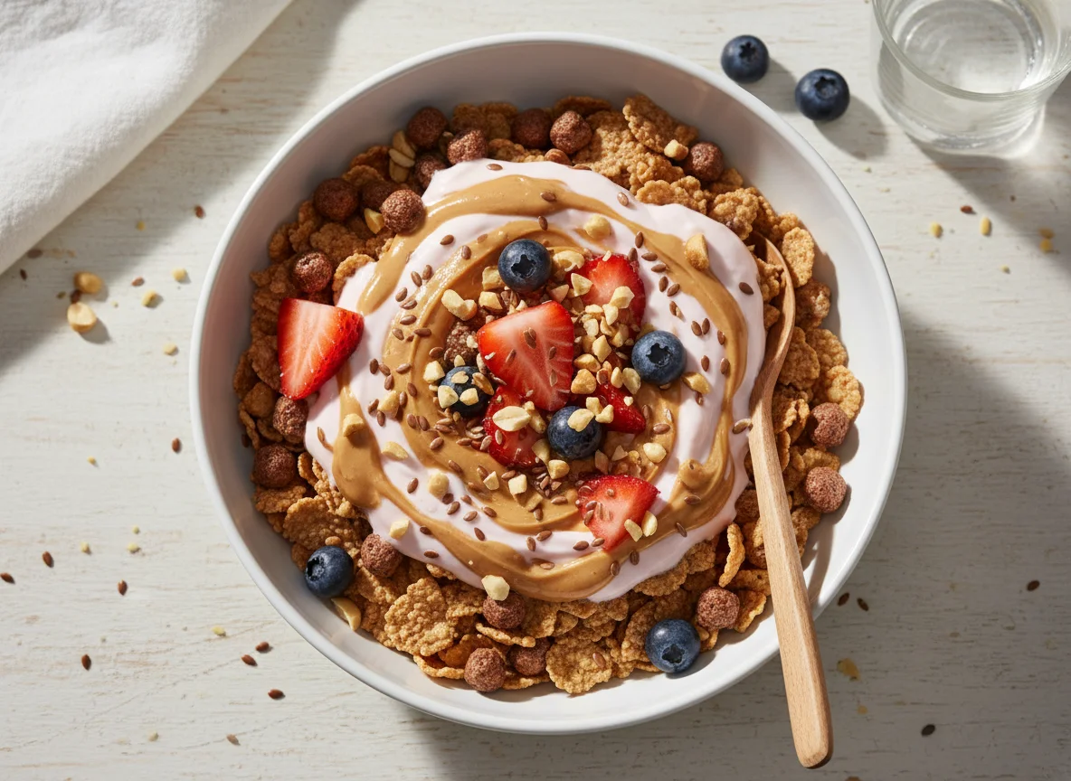 Cereal with Strawberry Greek Yogurt and Peanut Butter photo