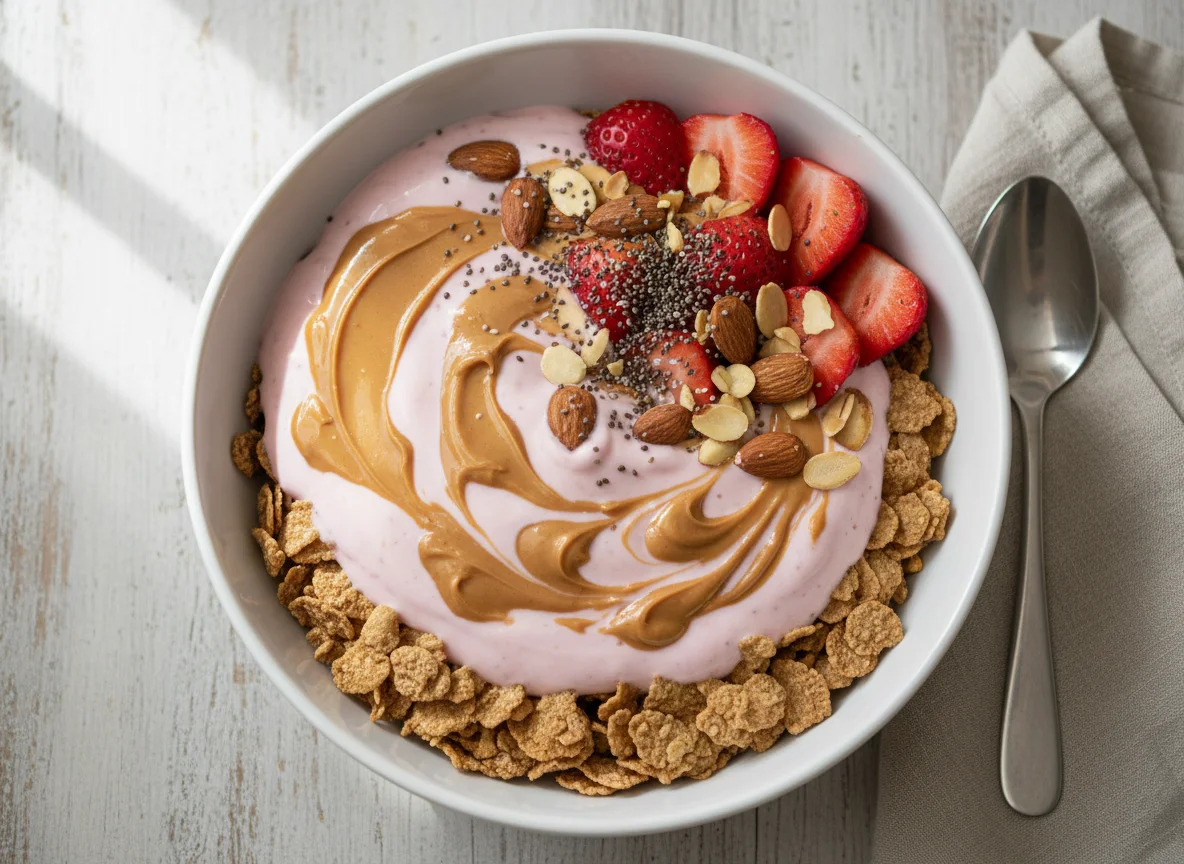 Cereal with Yogurt and Peanut Butter photo