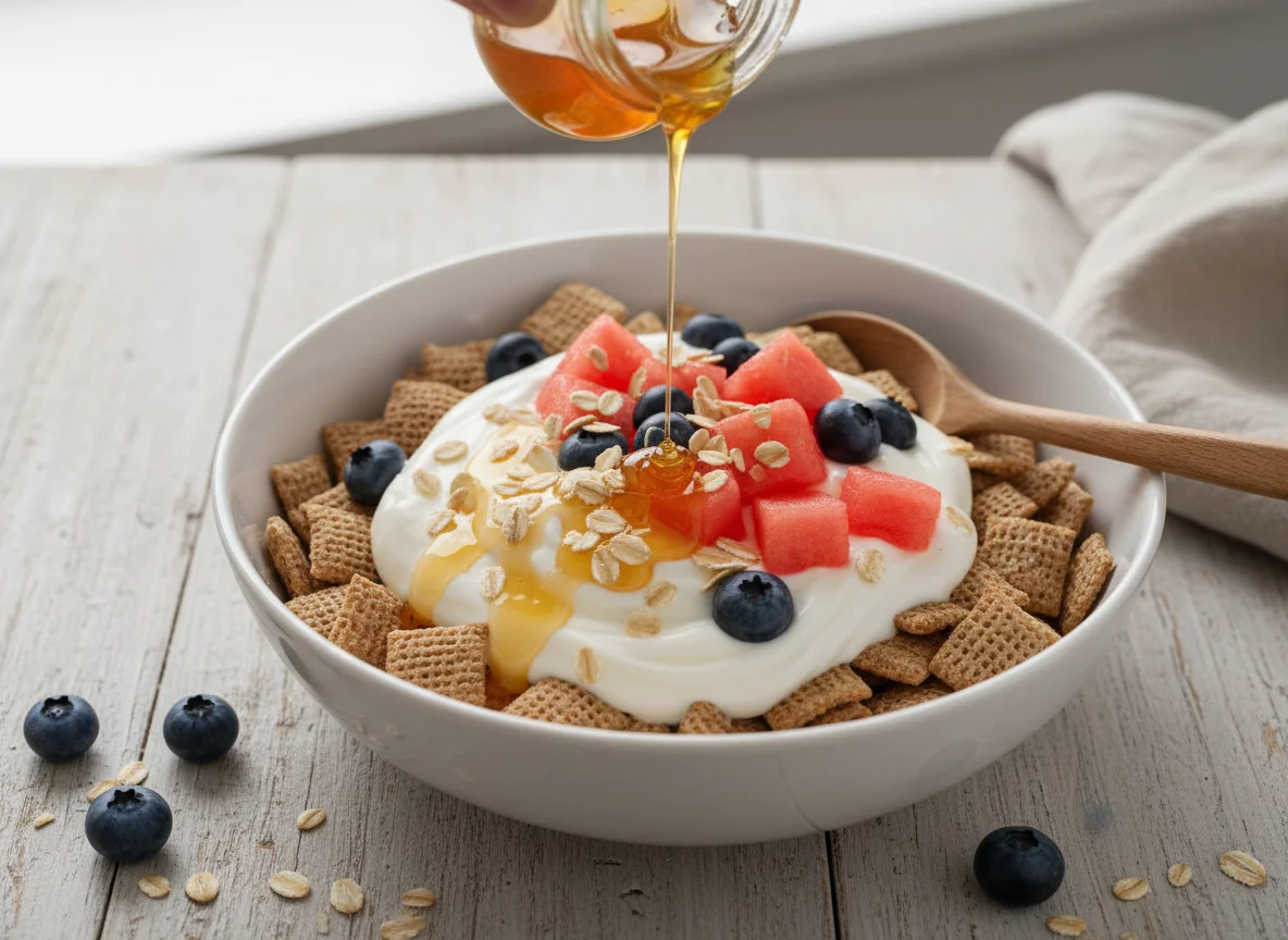 Cereal with Yogurt, Fruit, and Honey photo