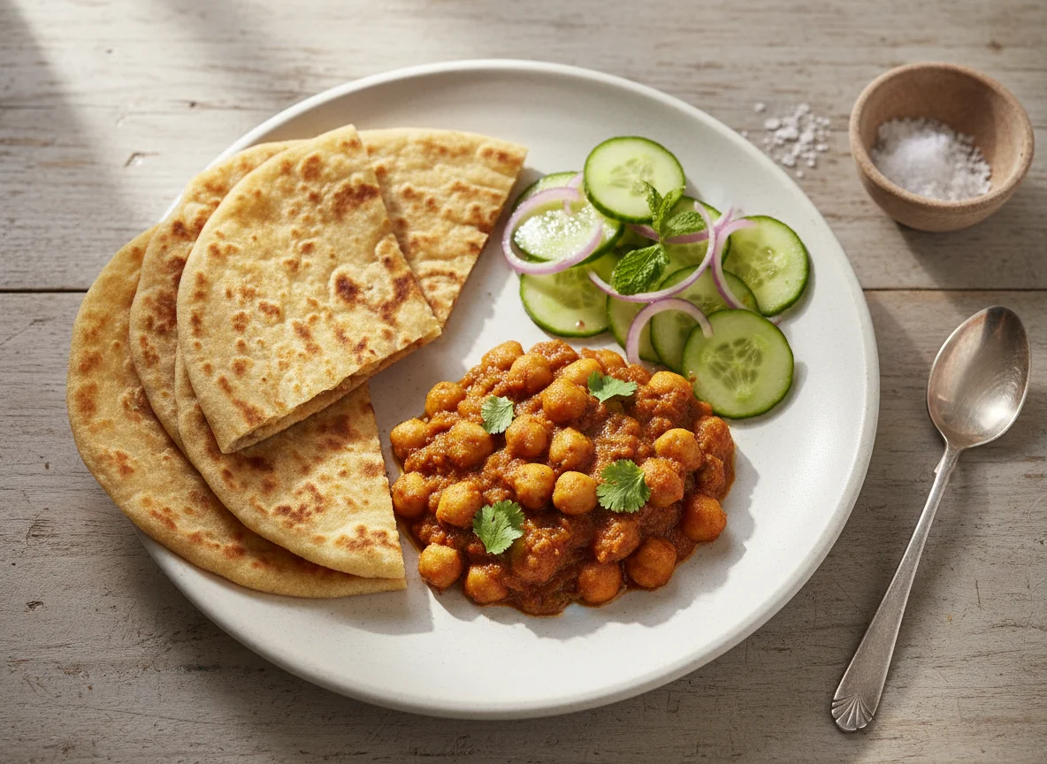 Chana Masala with Flatbread and Salad photo