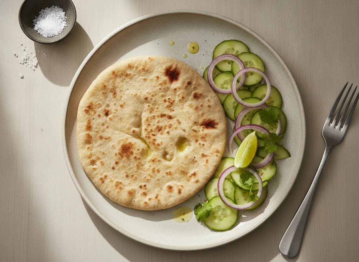 Chapati with cucumber and red onion salad photo