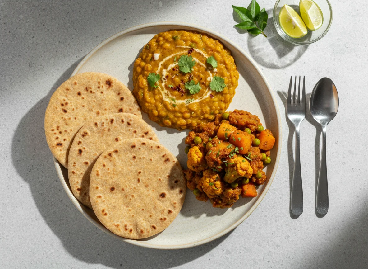 Chapati with Dal and Vegetable Curry photo