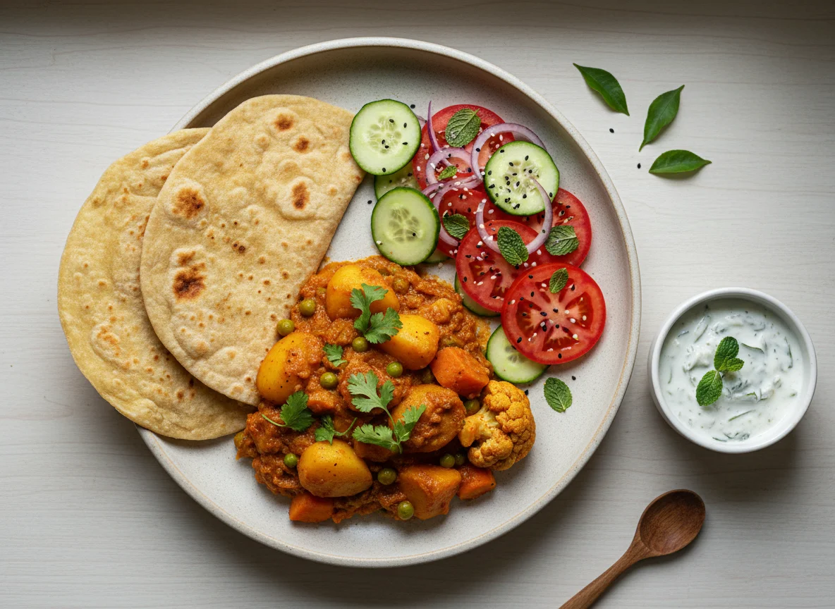 Chapati with Potato and Vegetable Curry and Salad photo