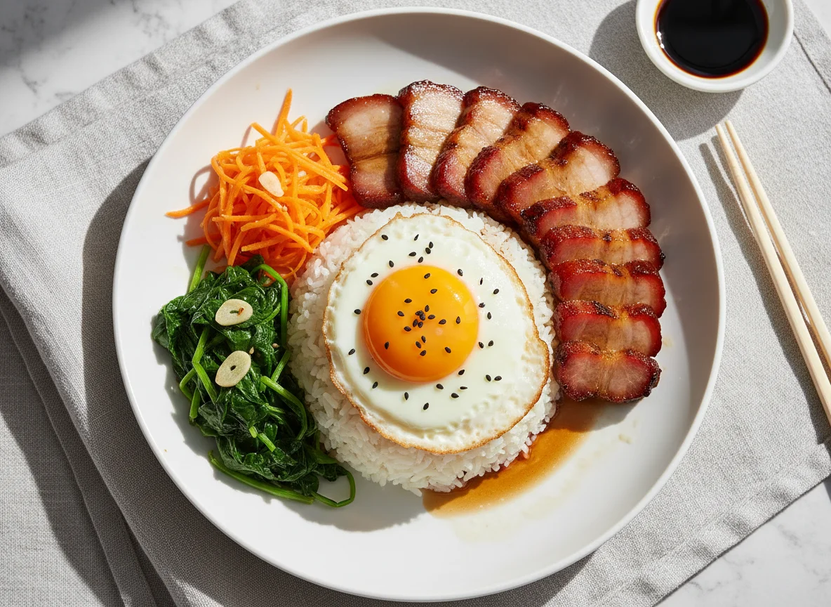 Char Siu Rice with Fried Egg and Vegetables photo