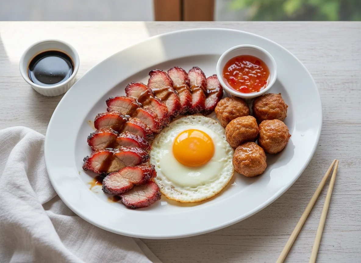 Char Siu with Meatballs and Fried Egg photo